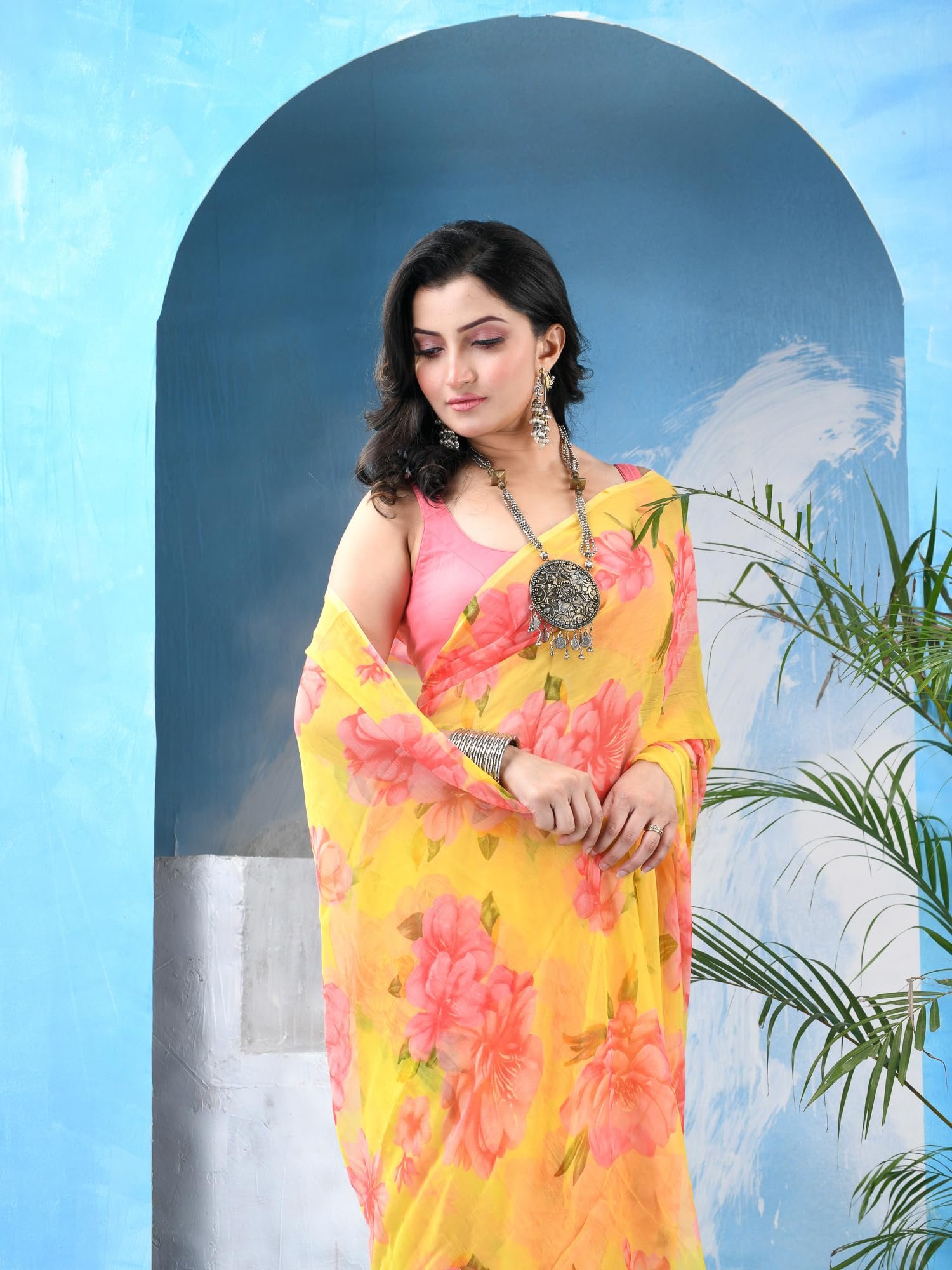 dB DESH BIDESH Women`s Latest Georgette Floral Printed Saree Batik Fancy Chiffon Party, Wear Sarees Royal SwagSutra silk georgette Chiffon trendy bandhani saree wedding,Without Blouse (Yellow) - Image 2