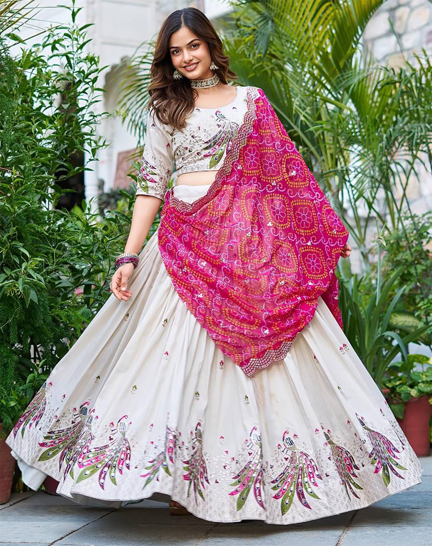 KEDARFAB Women's Chinnon Sequins Embroidered Lehenga Choli With Dupatta Set (Peacock) - Image 5
