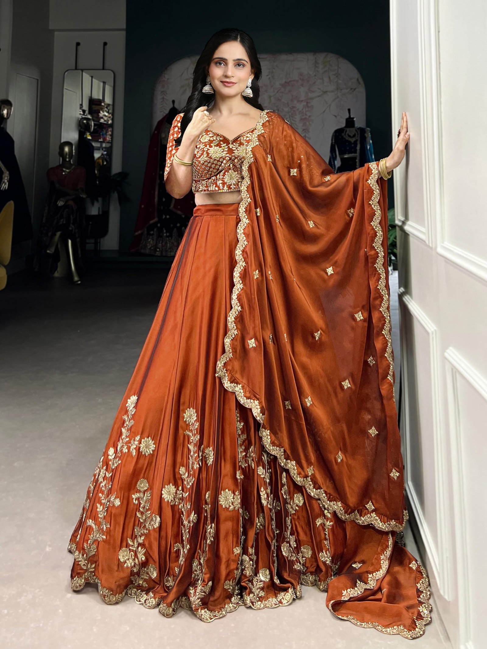 TRENDMALLS Women's Art Silk Embroidery Sequence work Lehenga Choli with Dupatta For Women (L308-DarkOrange-SemiStitch) - Image 4