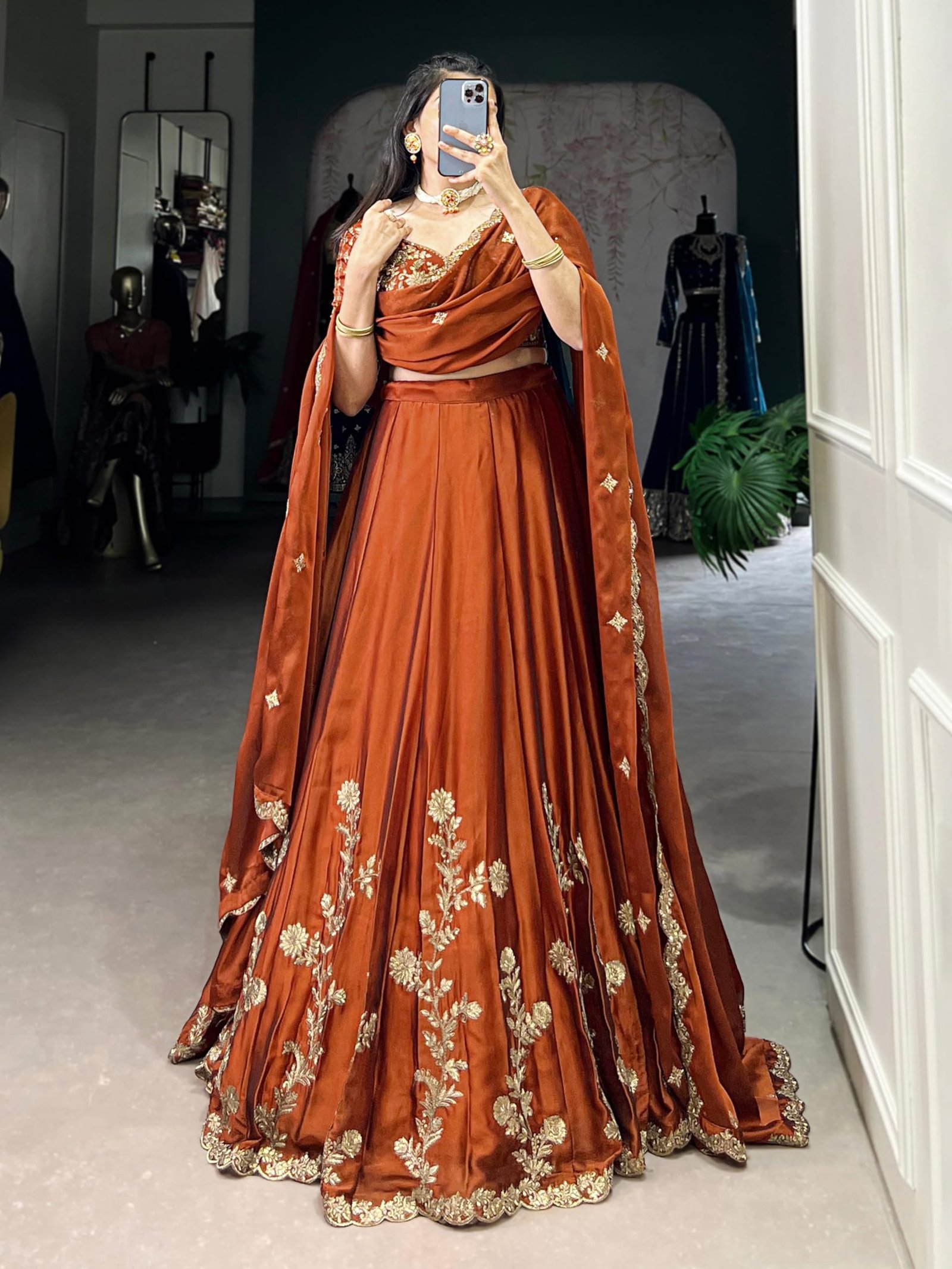TRENDMALLS Women's Art Silk Embroidery Sequence work Lehenga Choli with Dupatta For Women (L308-DarkOrange-SemiStitch) - Image 2
