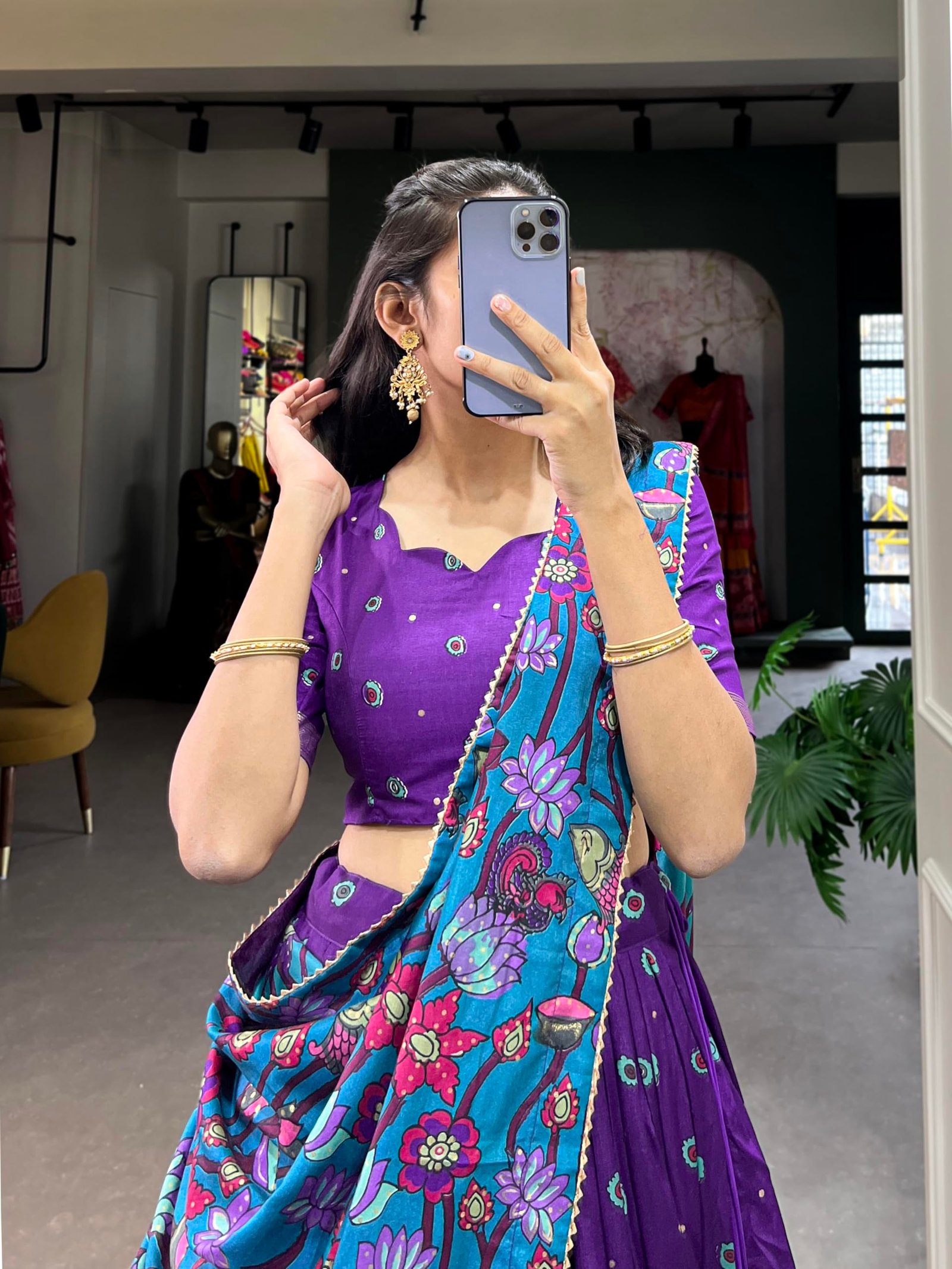 Women Tussar Silk Unstitched Dot & Ikkat Print With Foil Work Lehenga Choli Set (Purple), Medium - Image 6
