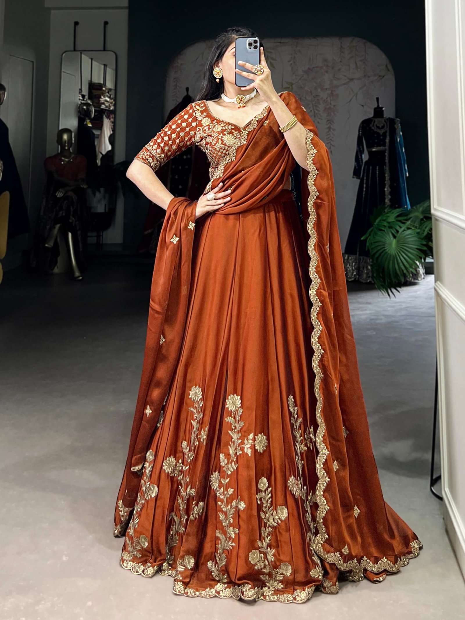 TRENDMALLS Women's Art Silk Embroidery Sequence work Lehenga Choli with Dupatta For Women (L308-DarkOrange-SemiStitch) - Image 7