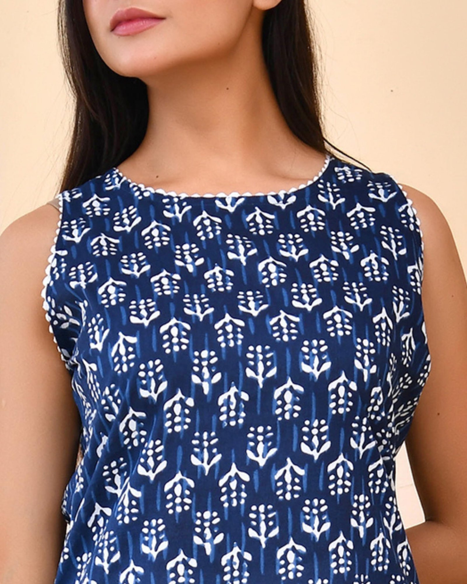 POISED Women's Sleeveless Block Print Cotton Kurti, Short Length Tunic Top with Side Slits (in, Alpha, XL, Blue) - Image 7