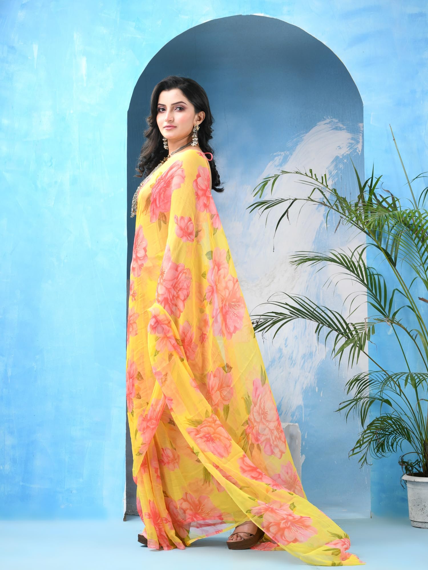 dB DESH BIDESH Women`s Latest Georgette Floral Printed Saree Batik Fancy Chiffon Party, Wear Sarees Royal SwagSutra silk georgette Chiffon trendy bandhani saree wedding,Without Blouse (Yellow) - Image 5