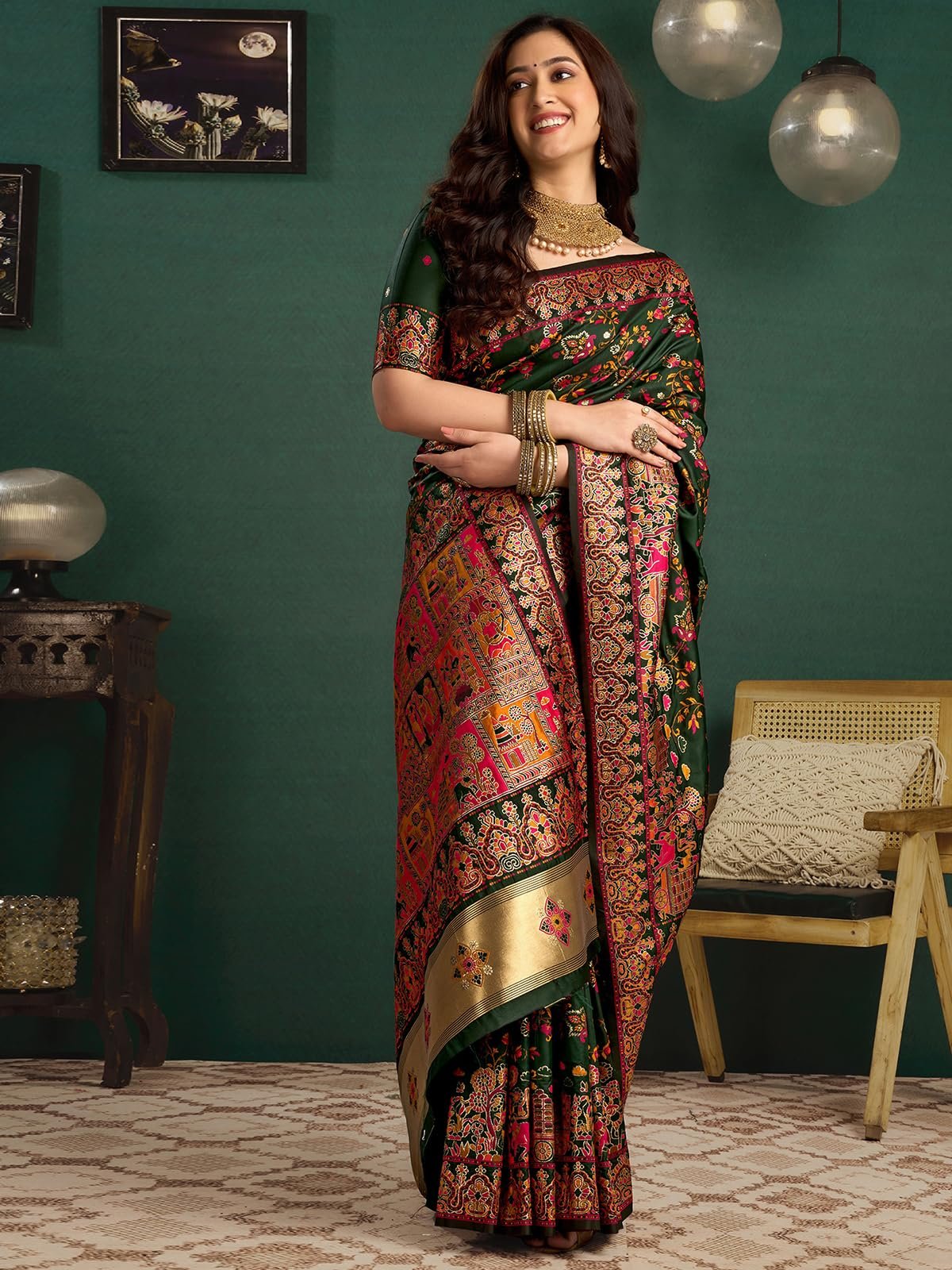 Satrani Women's Silk Kashmiri Minakari Weaving Saree with Unstitched Blouse Piece (4314S604N_Dark Green) - Image 6