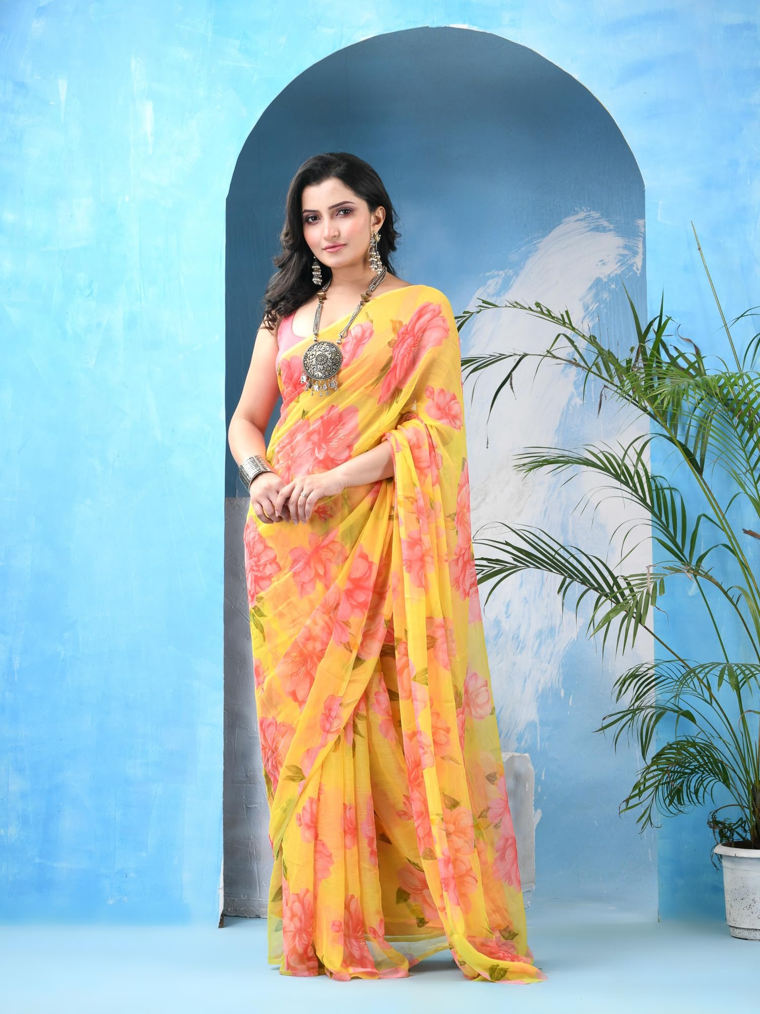 dB DESH BIDESH Women`s Latest Georgette Floral Printed Saree Batik Fancy Chiffon Party, Wear Sarees Royal SwagSutra silk georgette Chiffon trendy bandhani saree wedding,Without Blouse (Yellow) - Image 6