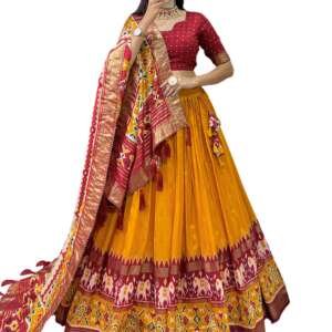 WELK Womens' Wear Tussar Silk With Patola Printed Lehenga Choli With dupatta and unstitched blouse (YELLOW6)