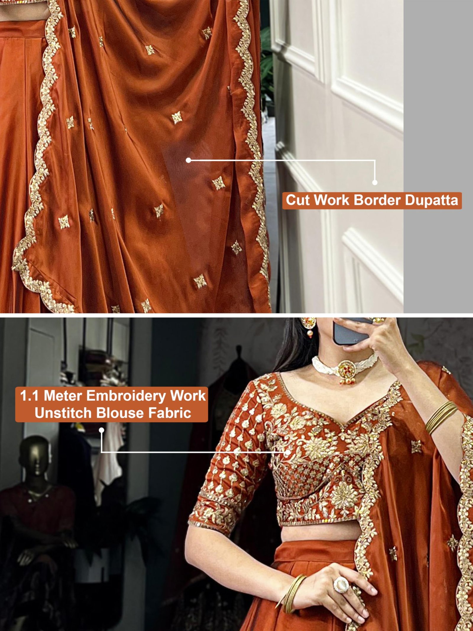 TRENDMALLS Women's Art Silk Embroidery Sequence work Lehenga Choli with Dupatta For Women (L308-DarkOrange-SemiStitch) - Image 5