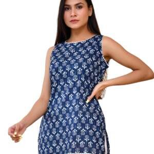 POISED Women's Sleeveless Block Print Cotton Kurti, Short Length Tunic Top with Side Slits (in, Alpha, XL, Blue)