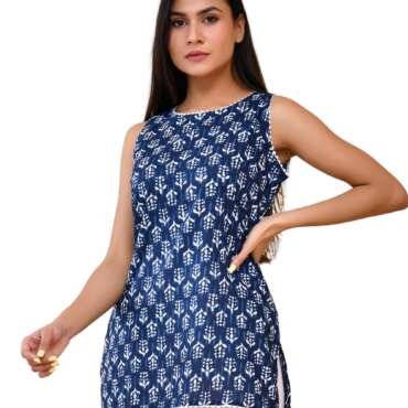 POISED Women's Sleeveless Block Print Cotton Kurti, Short Length Tunic Top with Side Slits (in, Alpha, XL, Blue)