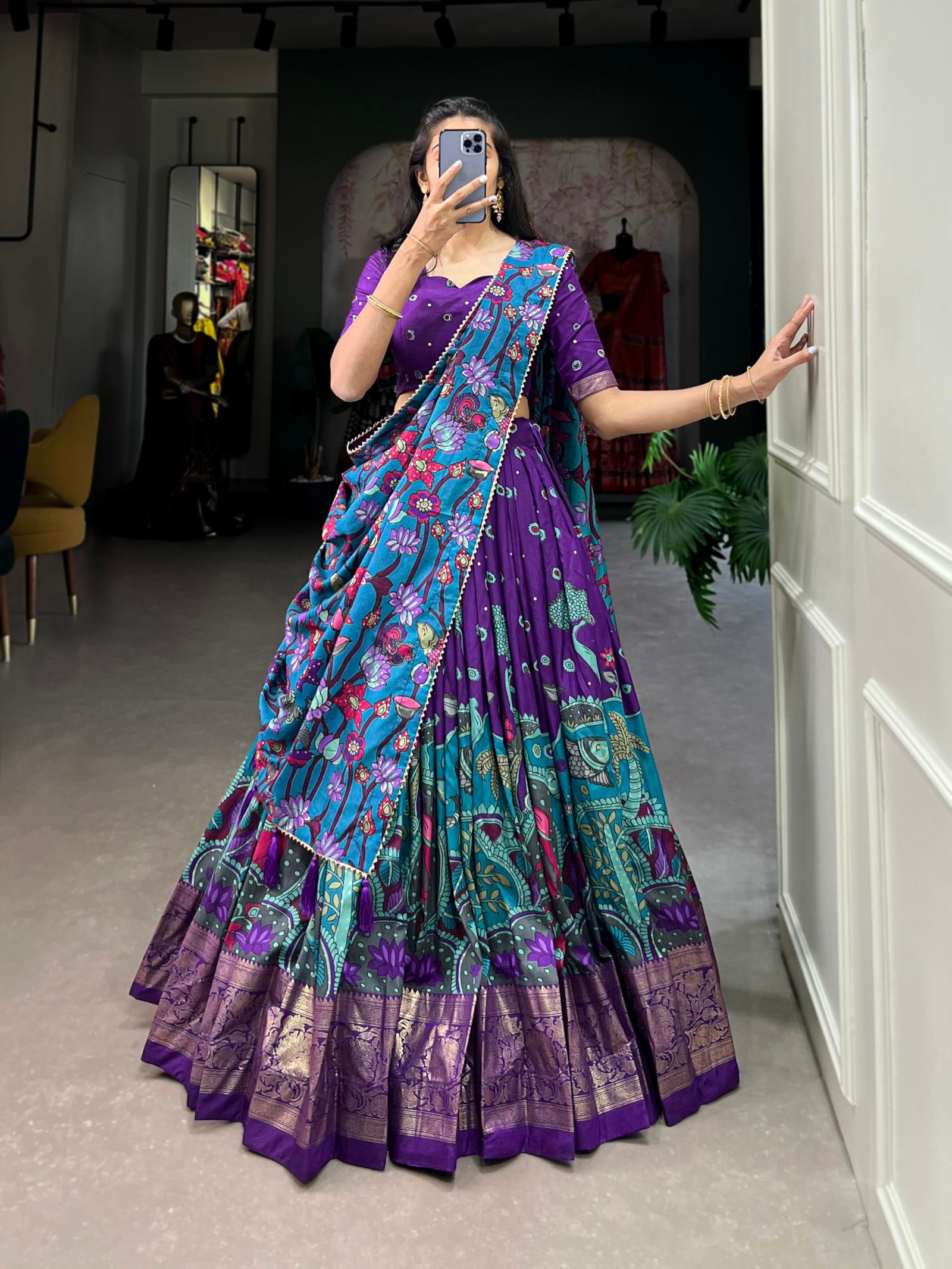 Women Tussar Silk Unstitched Dot & Ikkat Print With Foil Work Lehenga Choli Set (Purple), Medium - Image 4