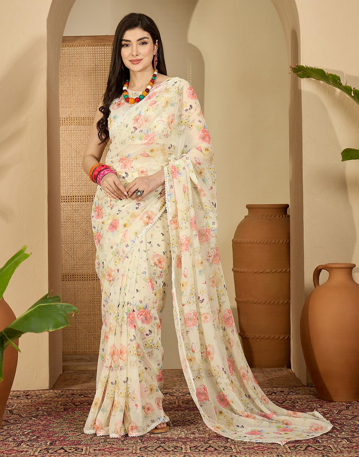 SIRIL Women's Georgette Printed Saree with Unstitched Blouse Piece (4817S153_Yellow) - Image 7