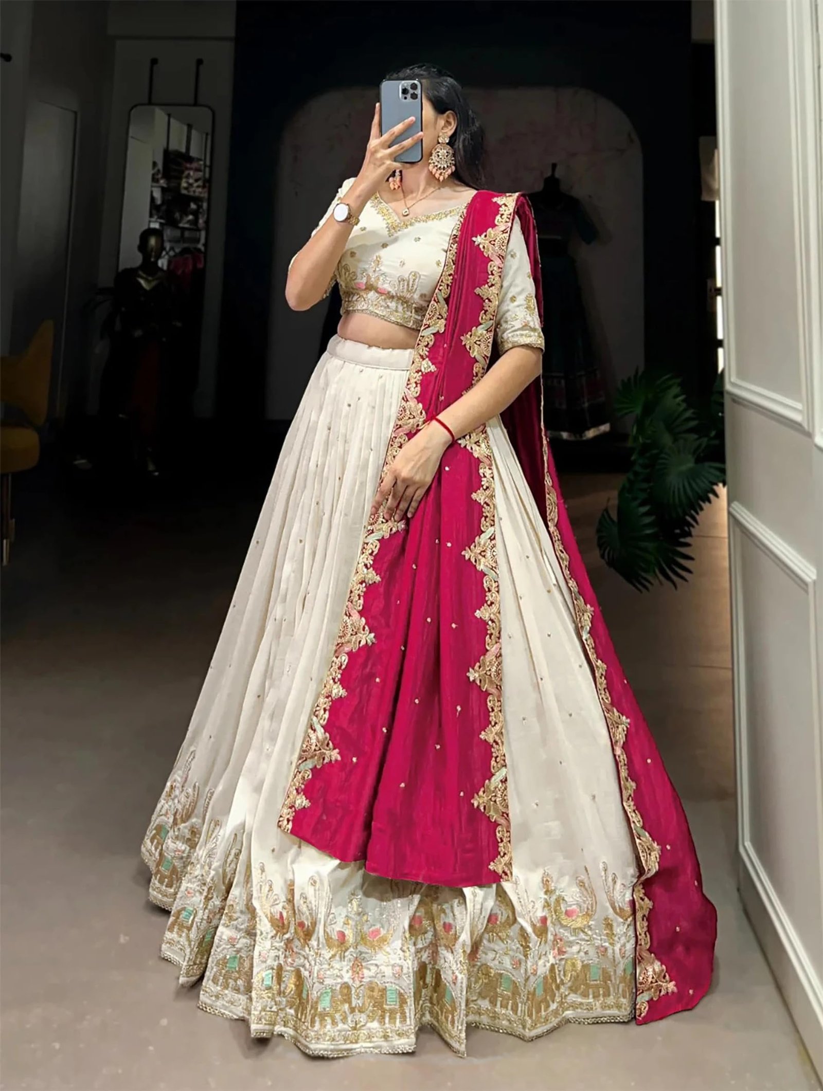 Suppar Sleave Women's Vichitra Silk Embroidered Semi Stitched Lehenga Choli With Dupatta (White) - Image 6