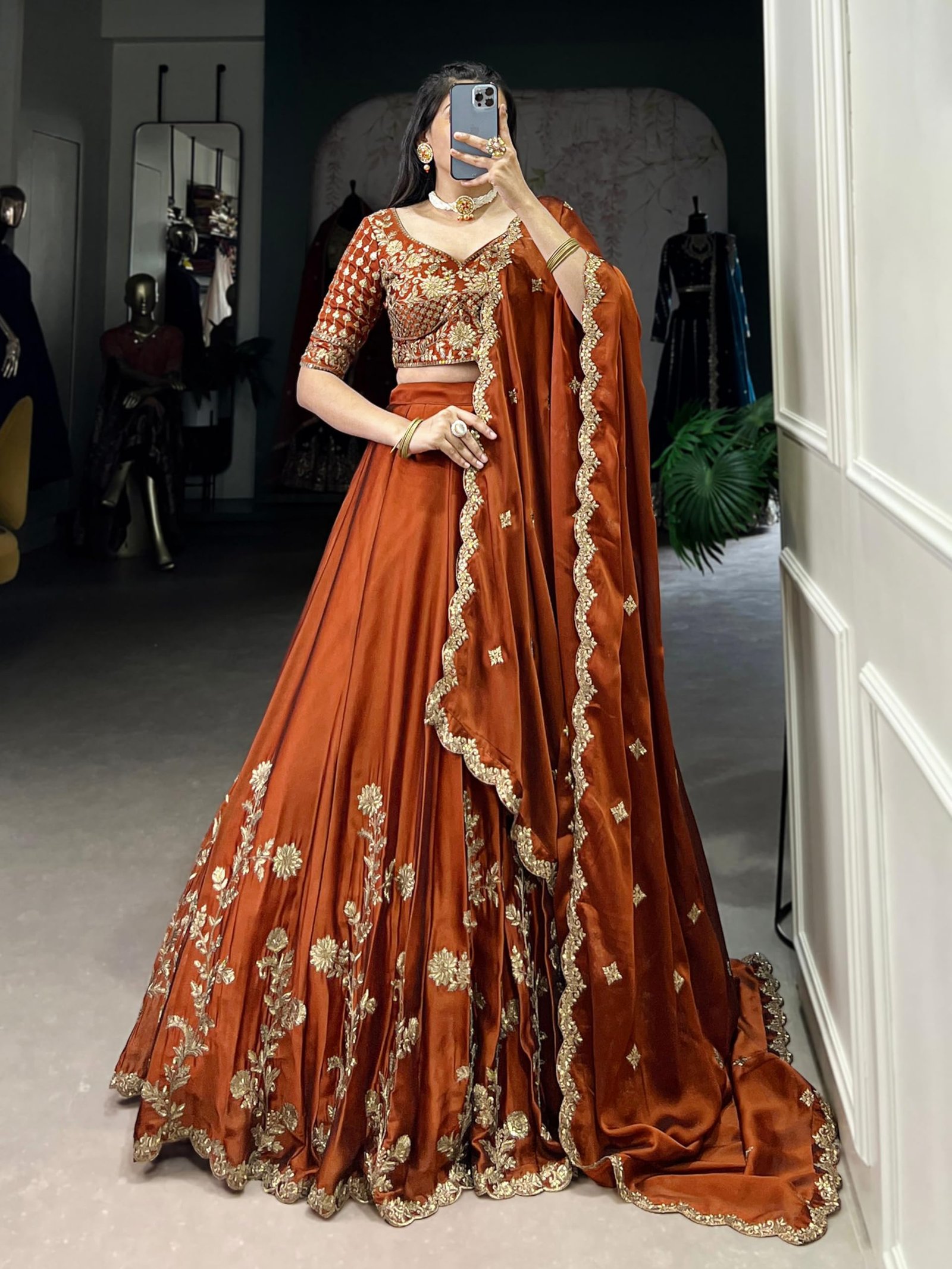 TRENDMALLS Women's Art Silk Embroidery Sequence work Lehenga Choli with Dupatta For Women (L308-DarkOrange-SemiStitch) - Image 8