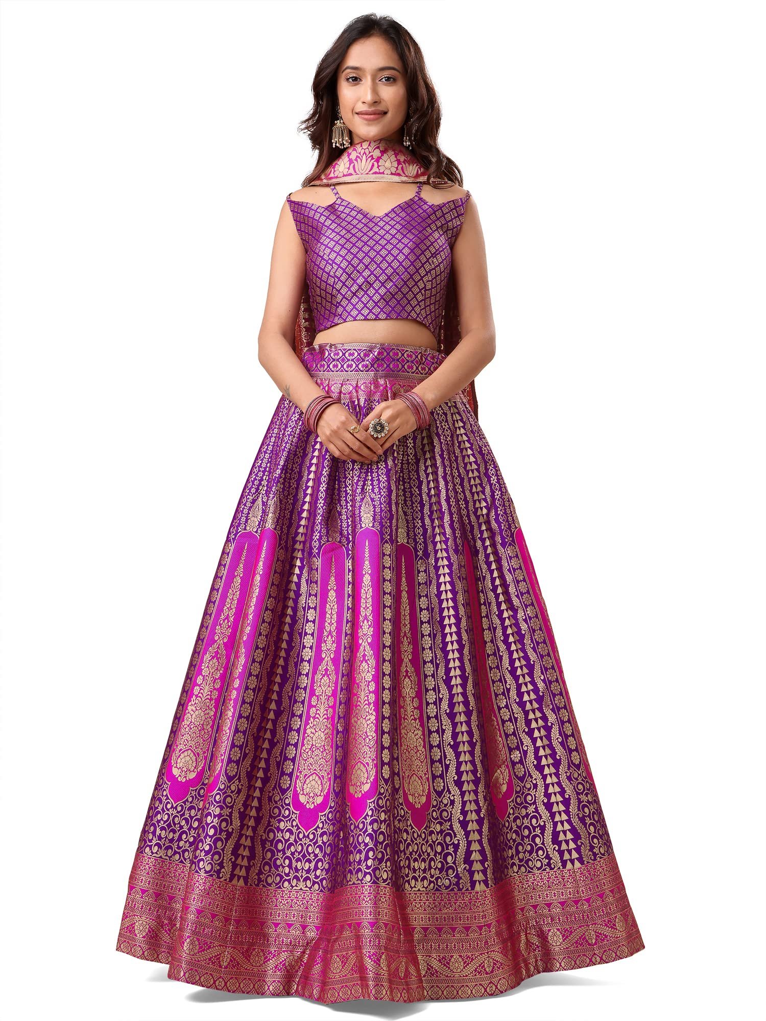 PURVAJA Women's Jacquard Semi-Stitched Lehenga choli (Lihaaz-Wine_Wine_Free Size)