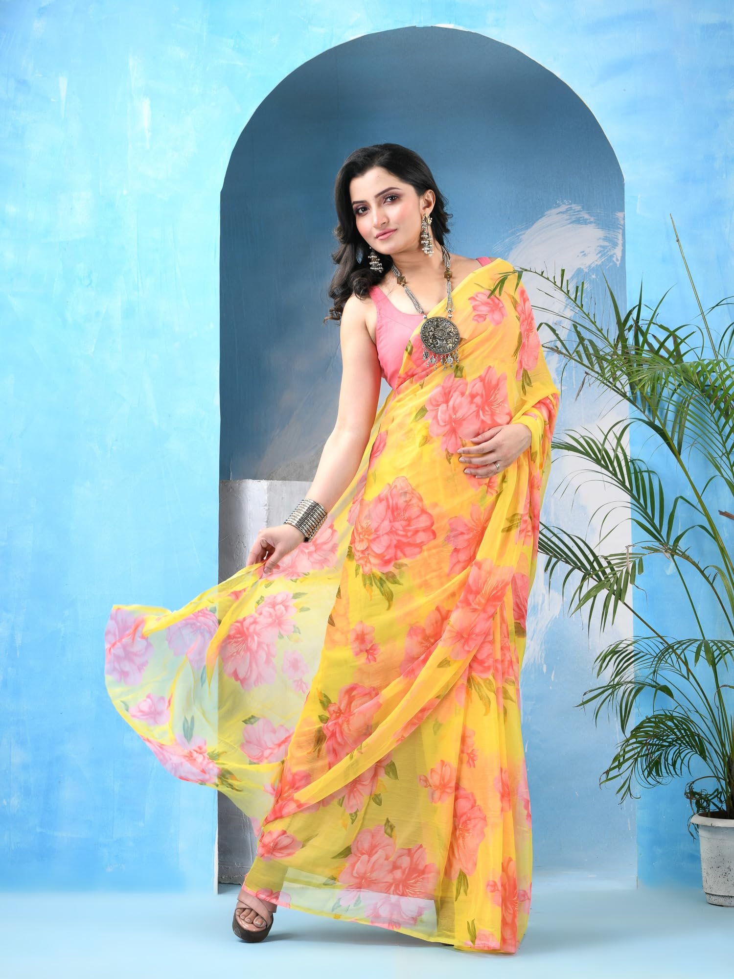 dB DESH BIDESH Women`s Latest Georgette Floral Printed Saree Batik Fancy Chiffon Party, Wear Sarees Royal SwagSutra silk georgette Chiffon trendy bandhani saree wedding,Without Blouse (Yellow) - Image 3