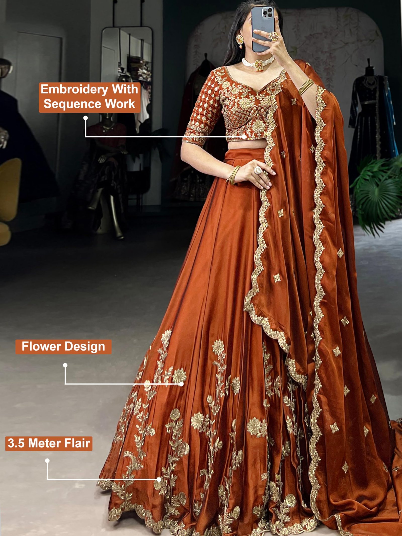 TRENDMALLS Women's Art Silk Embroidery Sequence work Lehenga Choli with Dupatta For Women (L308-DarkOrange-SemiStitch) - Image 6
