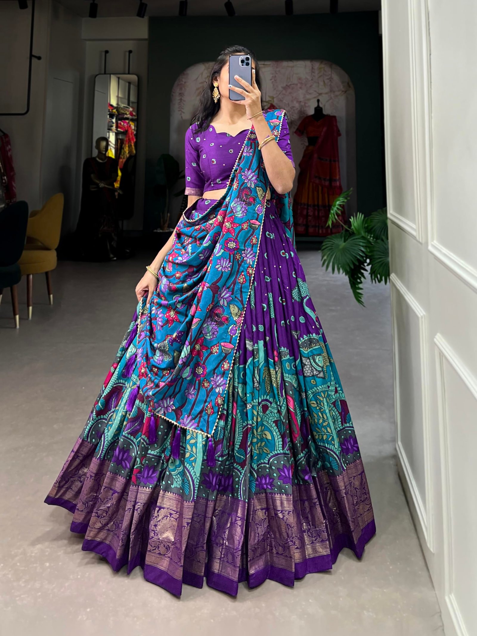 Women Tussar Silk Unstitched Dot & Ikkat Print With Foil Work Lehenga Choli Set (Purple), Medium - Image 2