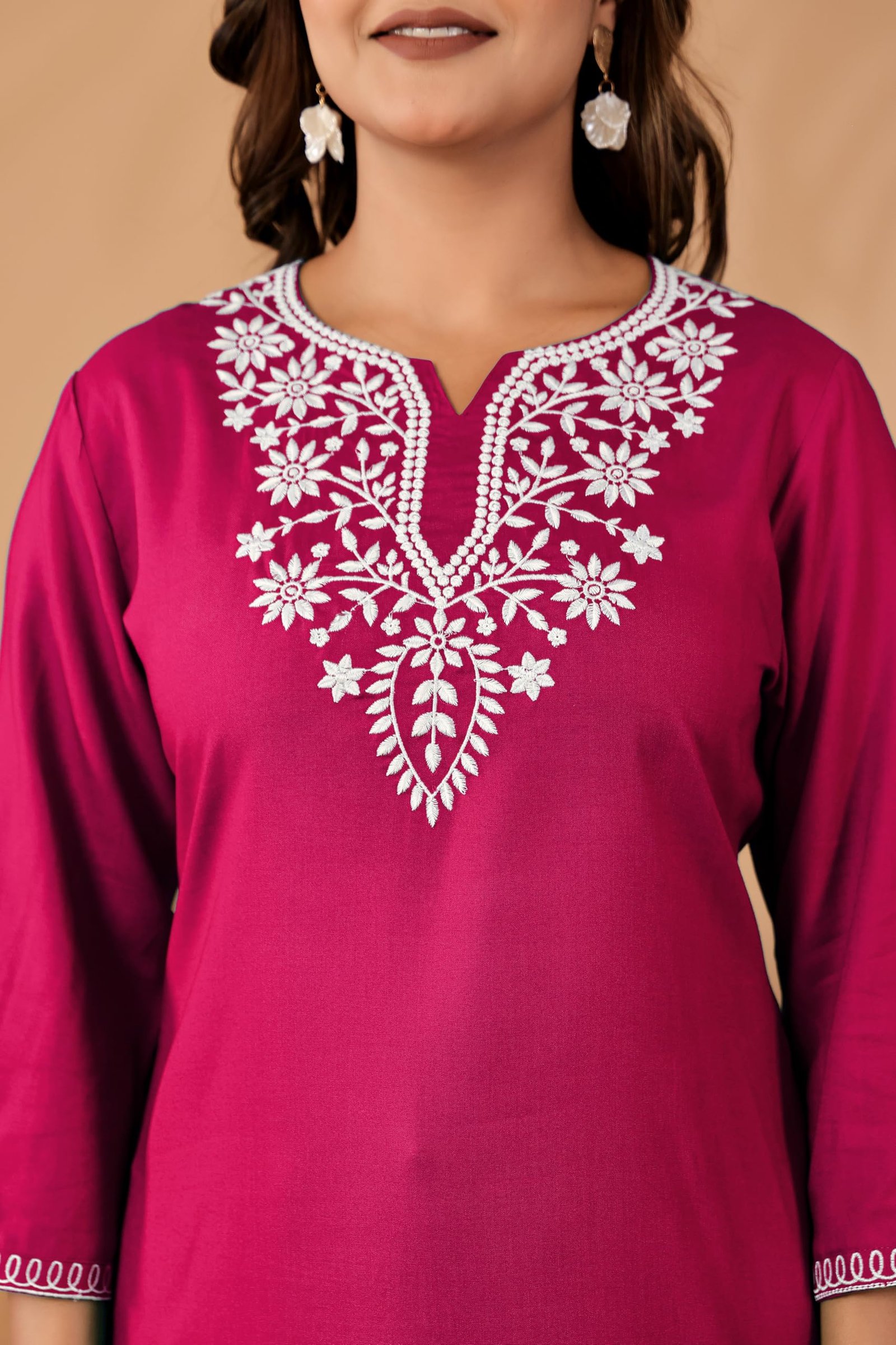 Indesi Short Kurti for Women – Lucknowi Chikankari Embroidered Ladies Kurta, Stylish Girls Tunic Top, Comfortable Ethnic Half Kurta for Daily & Office Wear (in, Alpha, S, Regular, Pink) - Image 3