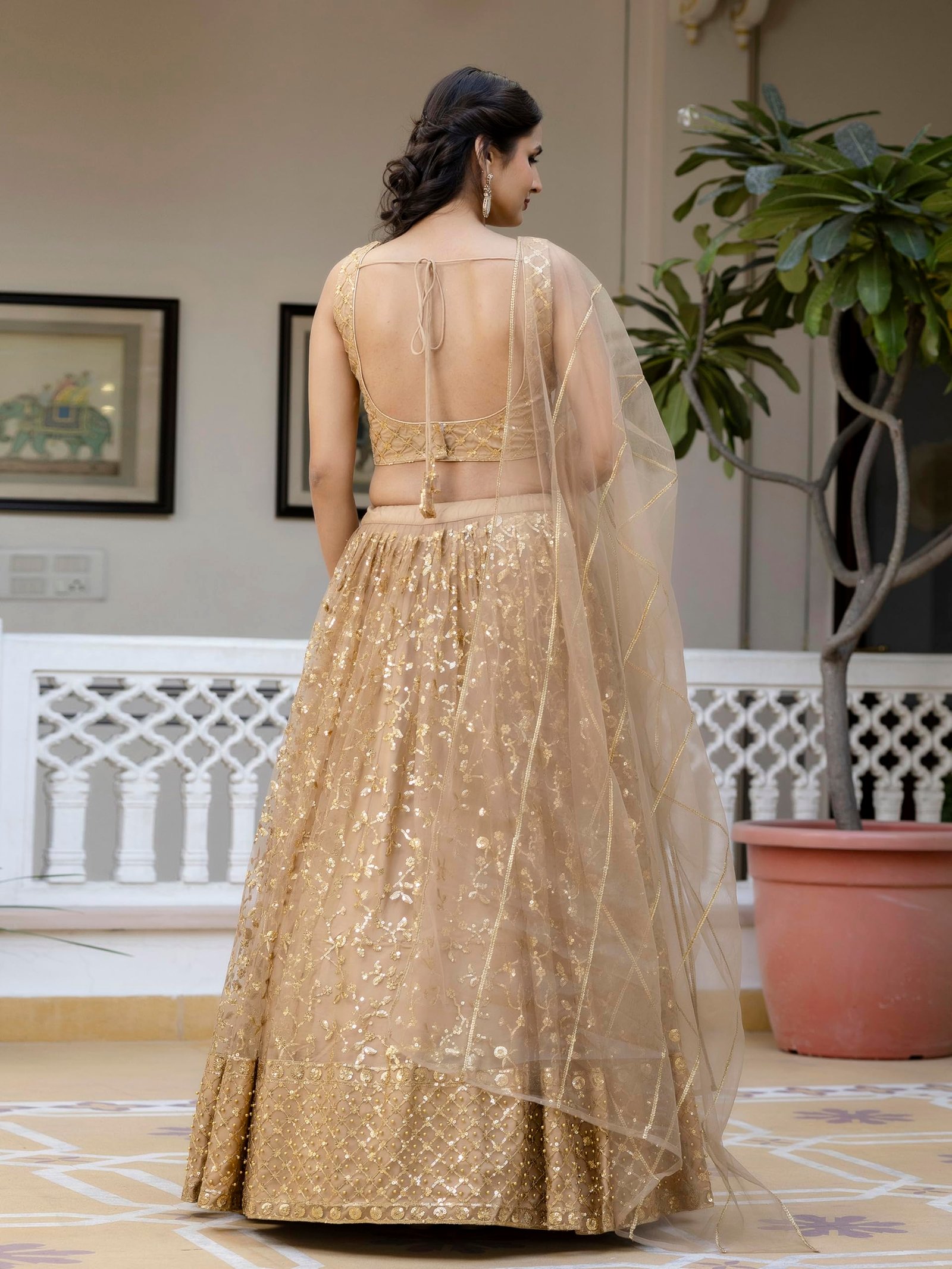 TRENDMALLS Women's Net Embroidery Lehenga Choli With Net Dupatta (L144-Gold, Semi stitched) - Image 9