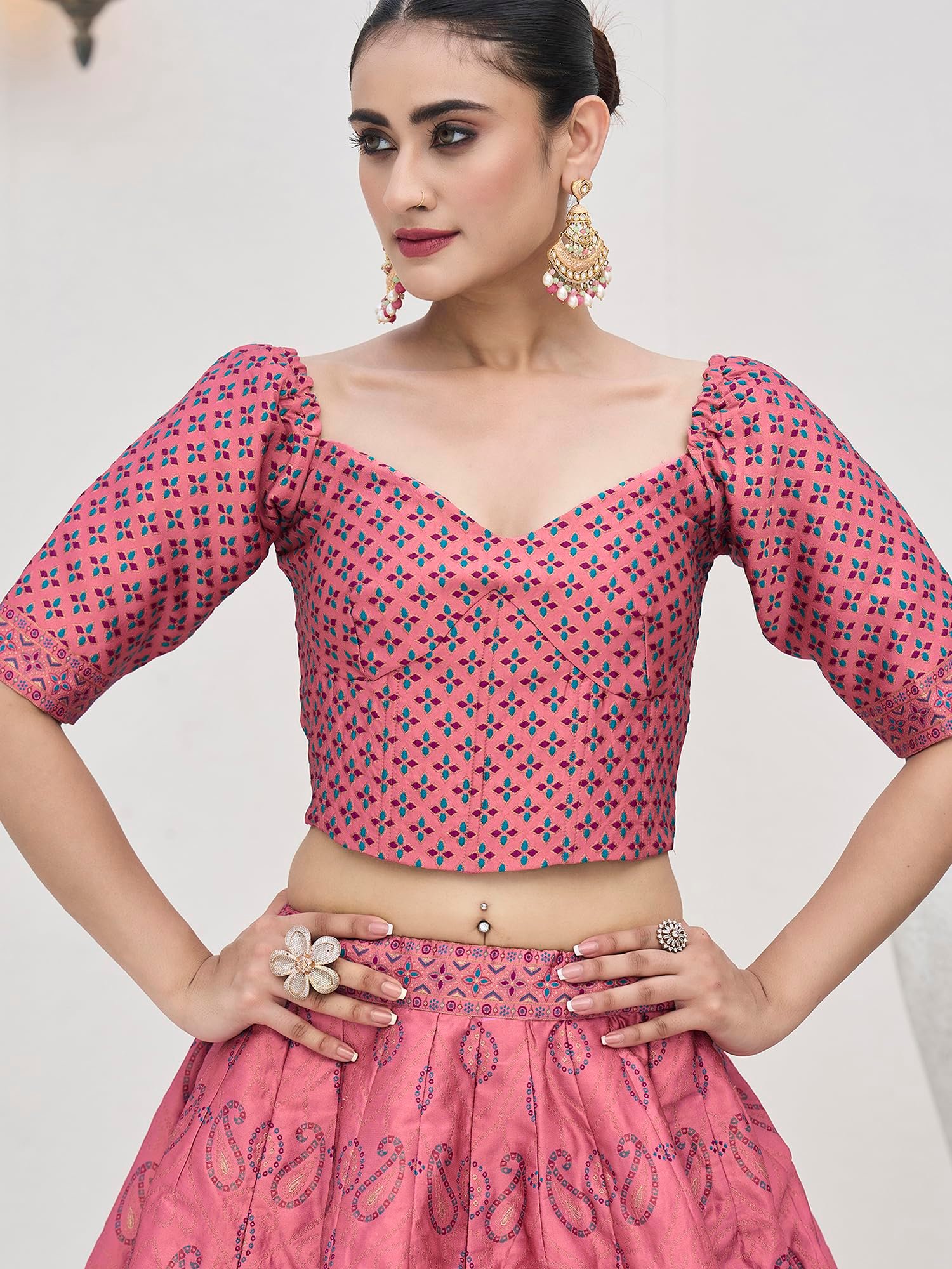 PURVAJA Women's Kanjiwaram Semi-Stitched Lehenga choli (Bahaar-Pink_Free Size) - Image 3