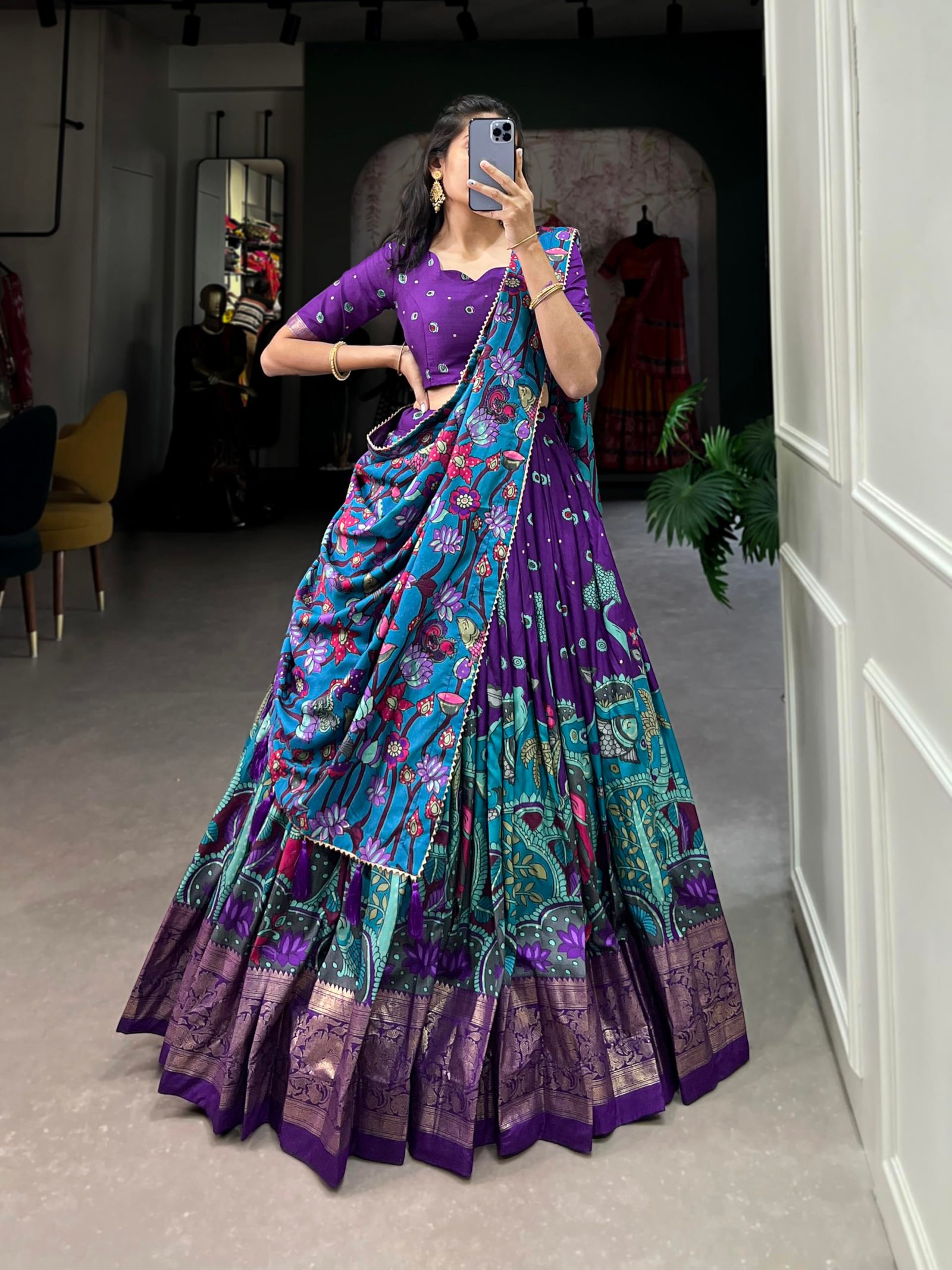 Women Tussar Silk Unstitched Dot & Ikkat Print With Foil Work Lehenga Choli Set (Purple), Medium - Image 3