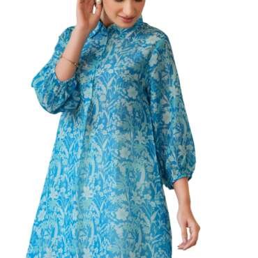 Janasya Women's Blue Silk Blend Floral Printed A-line Tunic (JAA25TU01667-L)