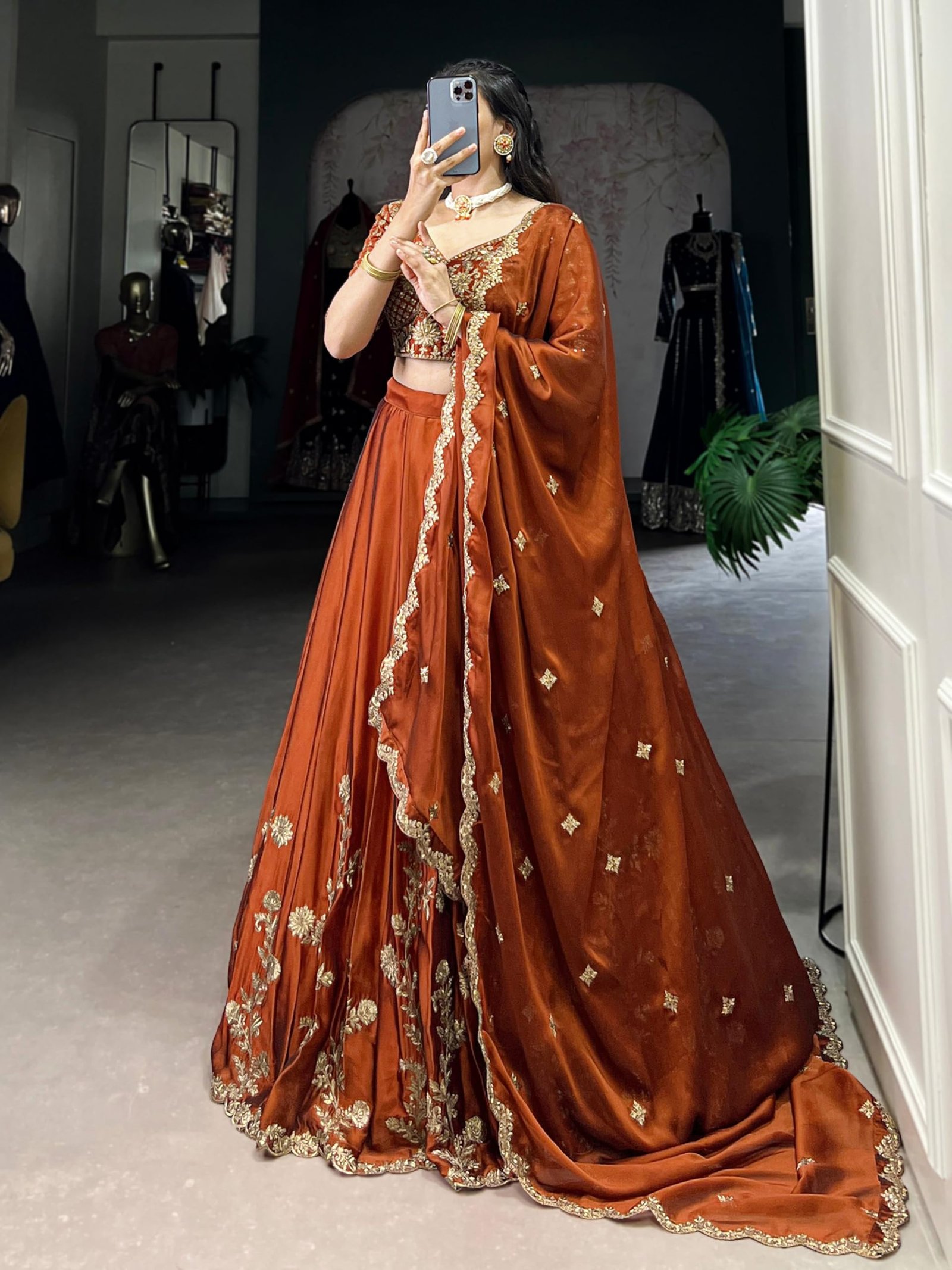 TRENDMALLS Women's Art Silk Embroidery Sequence work Lehenga Choli with Dupatta For Women (L308-DarkOrange-SemiStitch) - Image 3