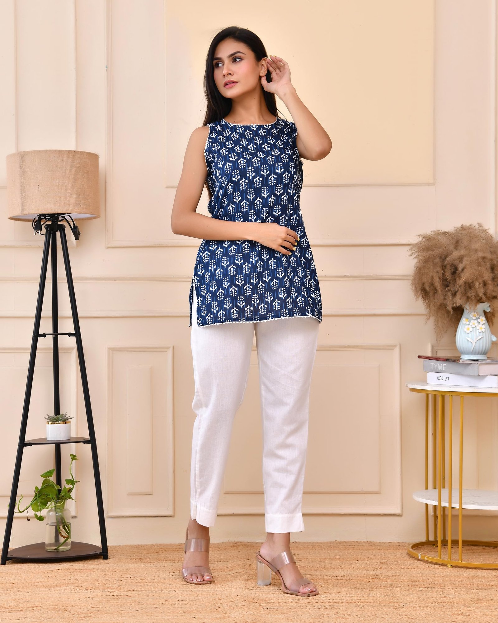 POISED Women's Sleeveless Block Print Cotton Kurti, Short Length Tunic Top with Side Slits (in, Alpha, XL, Blue) - Image 2