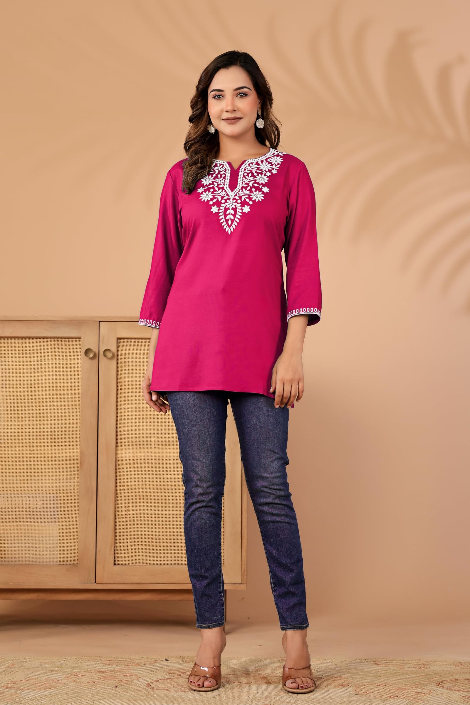 Indesi Short Kurti for Women – Lucknowi Chikankari Embroidered Ladies Kurta, Stylish Girls Tunic Top, Comfortable Ethnic Half Kurta for Daily & Office Wear (in, Alpha, S, Regular, Pink) - Image 4