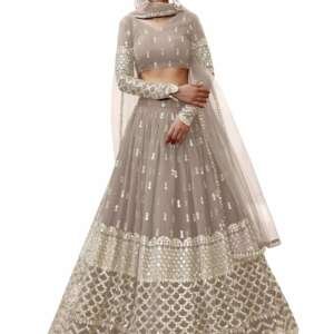 Zeel Clothing Women's Sequins Zari Embroidered Georgette Semi Stitched Lehenga Choli With Dupatta (302-Grey-Wedding-Bridal-Latest-New; Free Size) (Grey)