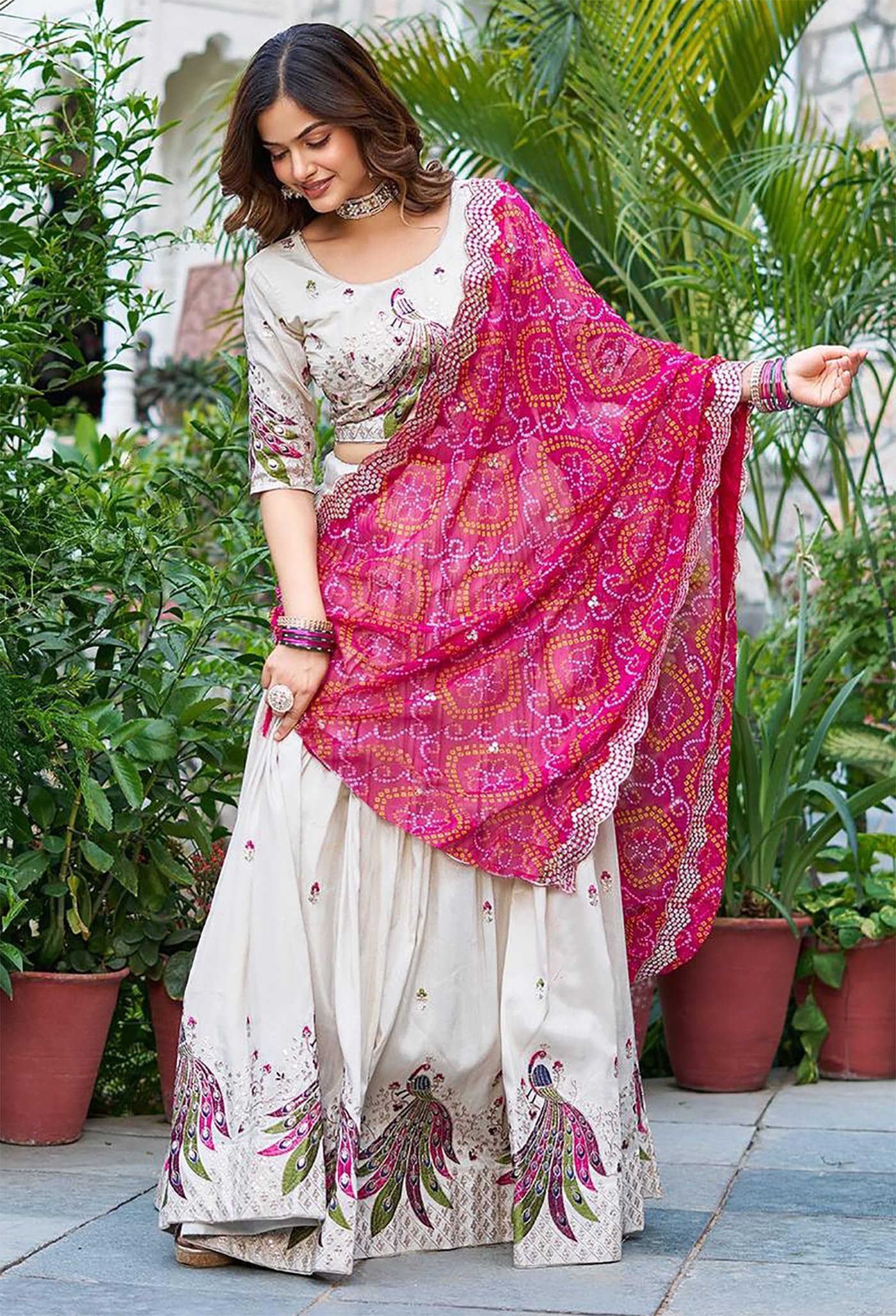 KEDARFAB Women's Chinnon Sequins Embroidered Lehenga Choli With Dupatta Set (Peacock) - Image 3