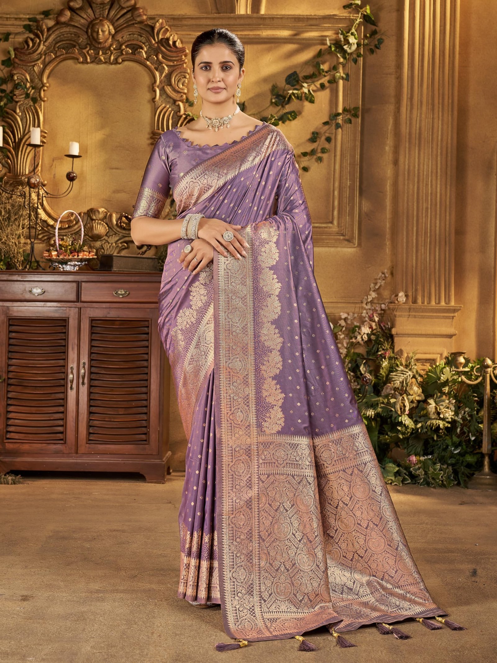 Mehrang Women's Banarasi Silk Kanjivaram Saree For Wedding With Pure Zari Work, Woven Design, With Unstitched Blouse Piece - Image 8
