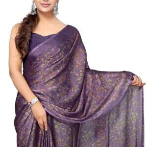 MIRCHI FASHION Chiffon Georgette Floral Printed Sarees for Women with Blouse Piece (43052 - Dark Lavender, Light Green, Coral)