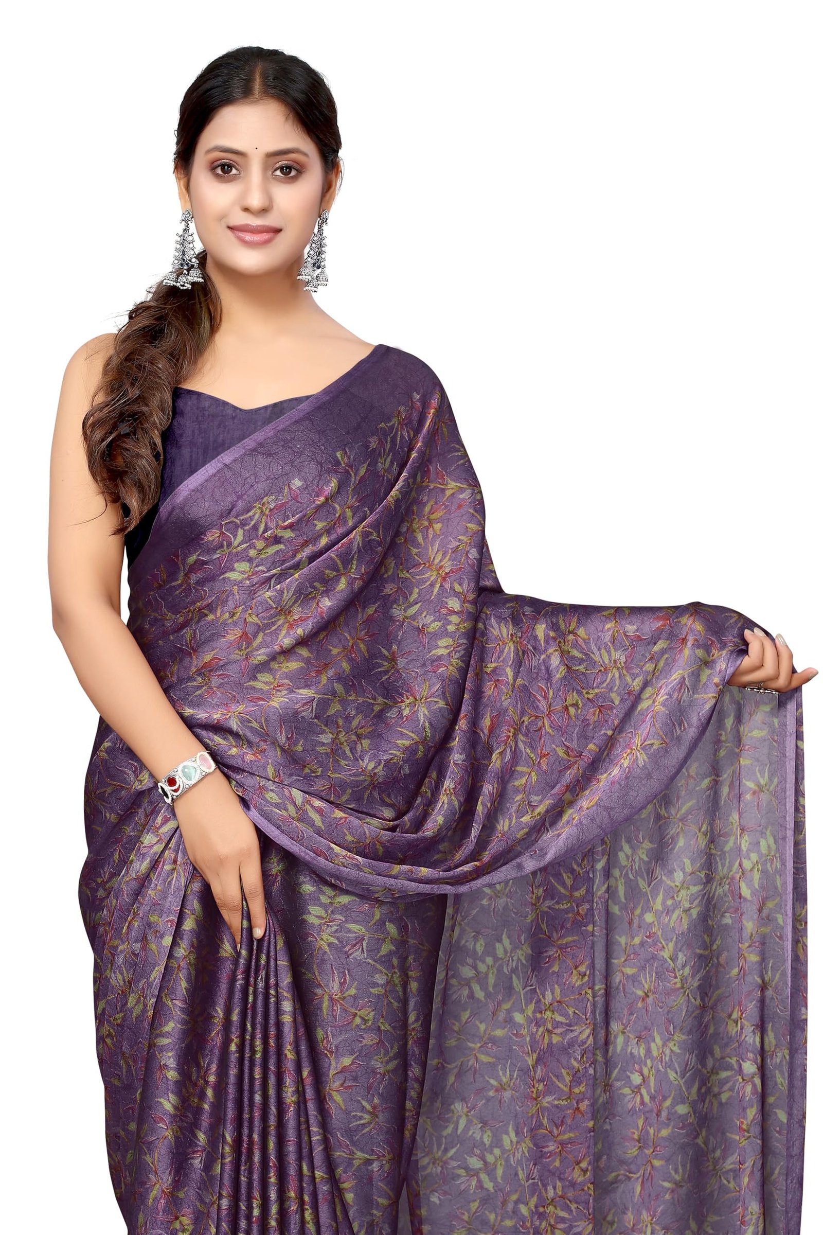 MIRCHI FASHION Chiffon Georgette Floral Printed Sarees for Women with Blouse Piece (43052 - Dark Lavender, Light Green, Coral)