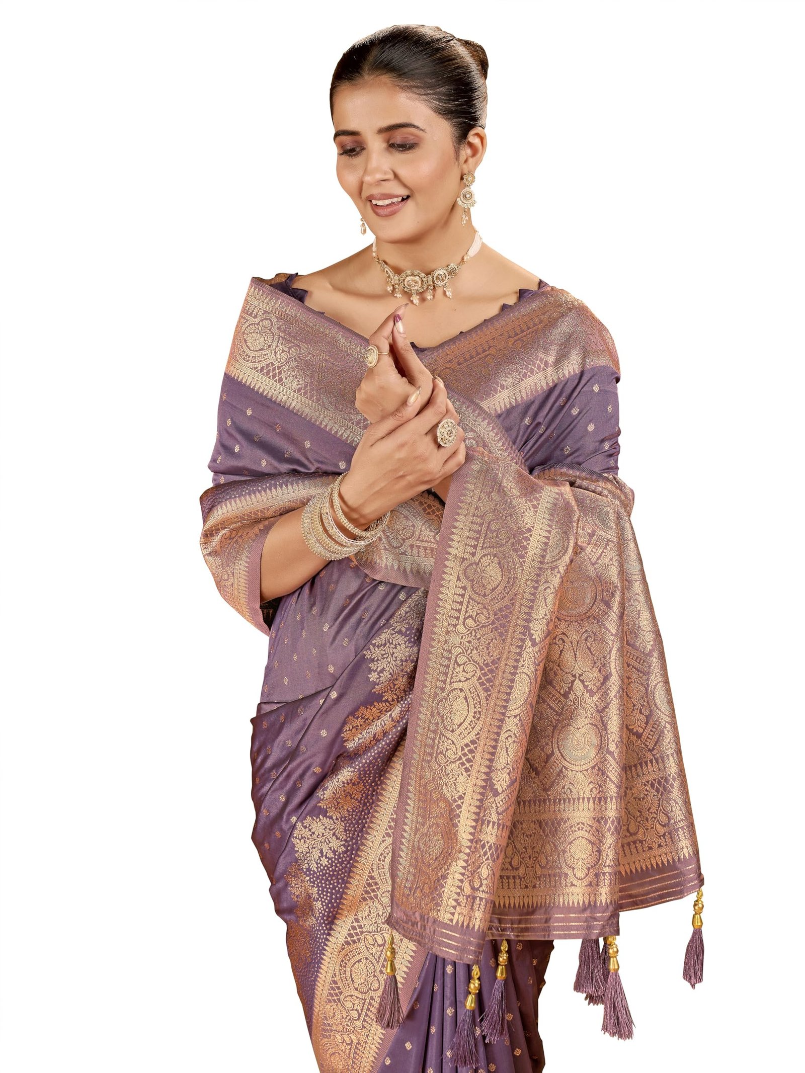 Mehrang Women's Banarasi Silk Kanjivaram Saree For Wedding With Pure Zari Work, Woven Design, With Unstitched Blouse Piece