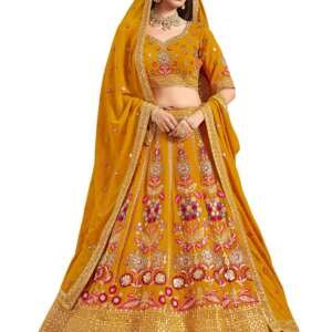 Zeel Clothing Women's Sequins Thread Embroidered Georgette Lehenga Choli With Dupatta (6008-Women-Lehenga-Choli-New; Free Size) (Yellow)