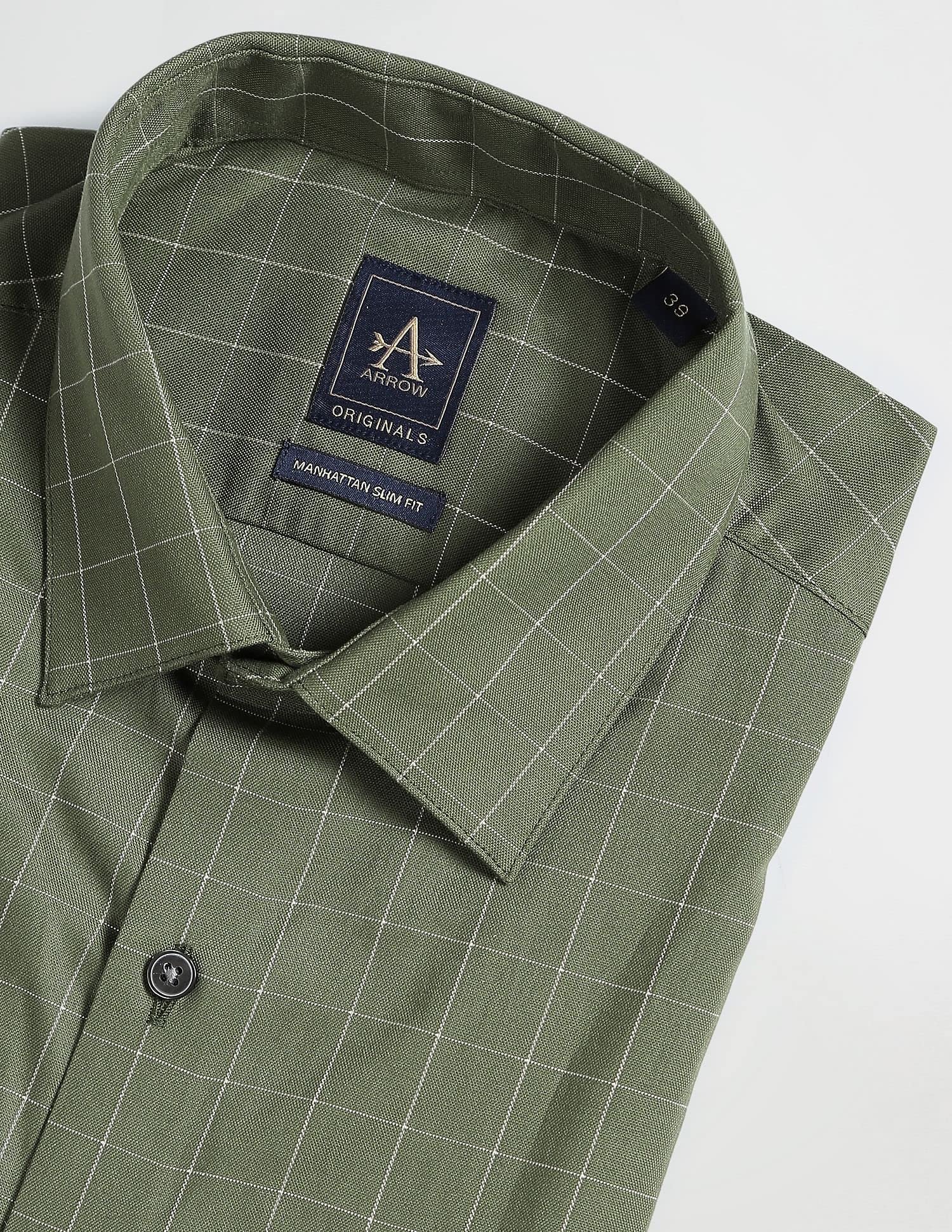 Arrow Men's Checkered Full Sleeve Slim Fit Cutaway Collar Cotton Formal Shirt (ARADOSH1244_Dark Green_39) - Image 2