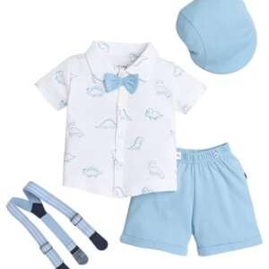 BUMZEE Boys Cotton Shirt & Short Set With Bow Suspender With Cap White & Sky Blue - 18-24 Months