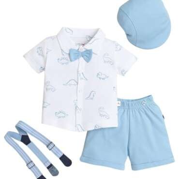 BUMZEE Boys Cotton Shirt & Short Set With Bow Suspender With Cap White & Sky Blue - 18-24 Months