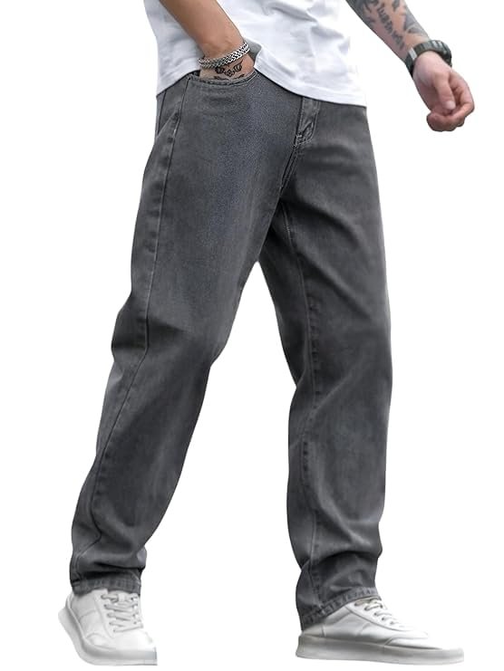 JAAR FASHION Loose Fit Jeans for Men – Oversized Mid Rise Baggy Denim Pants (in, Numeric, 34, Regular, Standard, Grey)