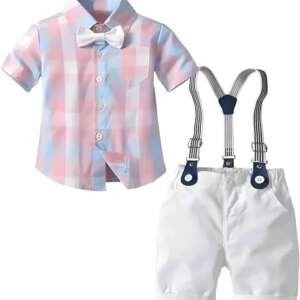 BLECKZ SOMEAK Baby Boys Cotton and Spandex Printed Half Sleeves Applique Bow Solid Clothing Set (Peach, 3-4 Years)