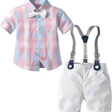 BLECKZ SOMEAK Baby Boys Cotton and Spandex Printed Half Sleeves Applique Bow Solid Clothing Set (Peach, 3-4 Years)
