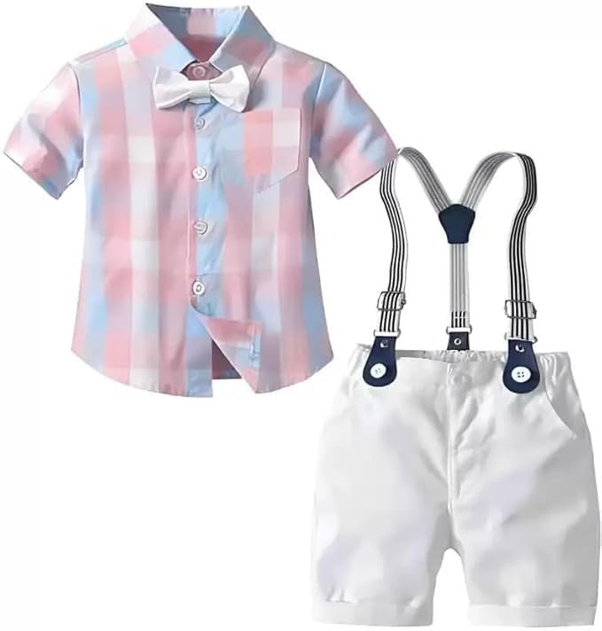 BLECKZ SOMEAK Baby Boys Cotton and Spandex Printed Half Sleeves Applique Bow Solid Clothing Set (Peach, 3-4 Years)