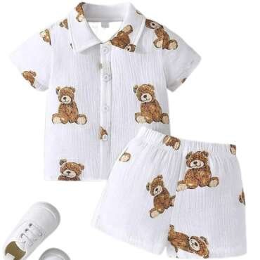 Kids Boy's Printed Cotton Blend Short Sleeve Regular Wear Shirt & Shorts Set (WHITE, 1-2 Years)