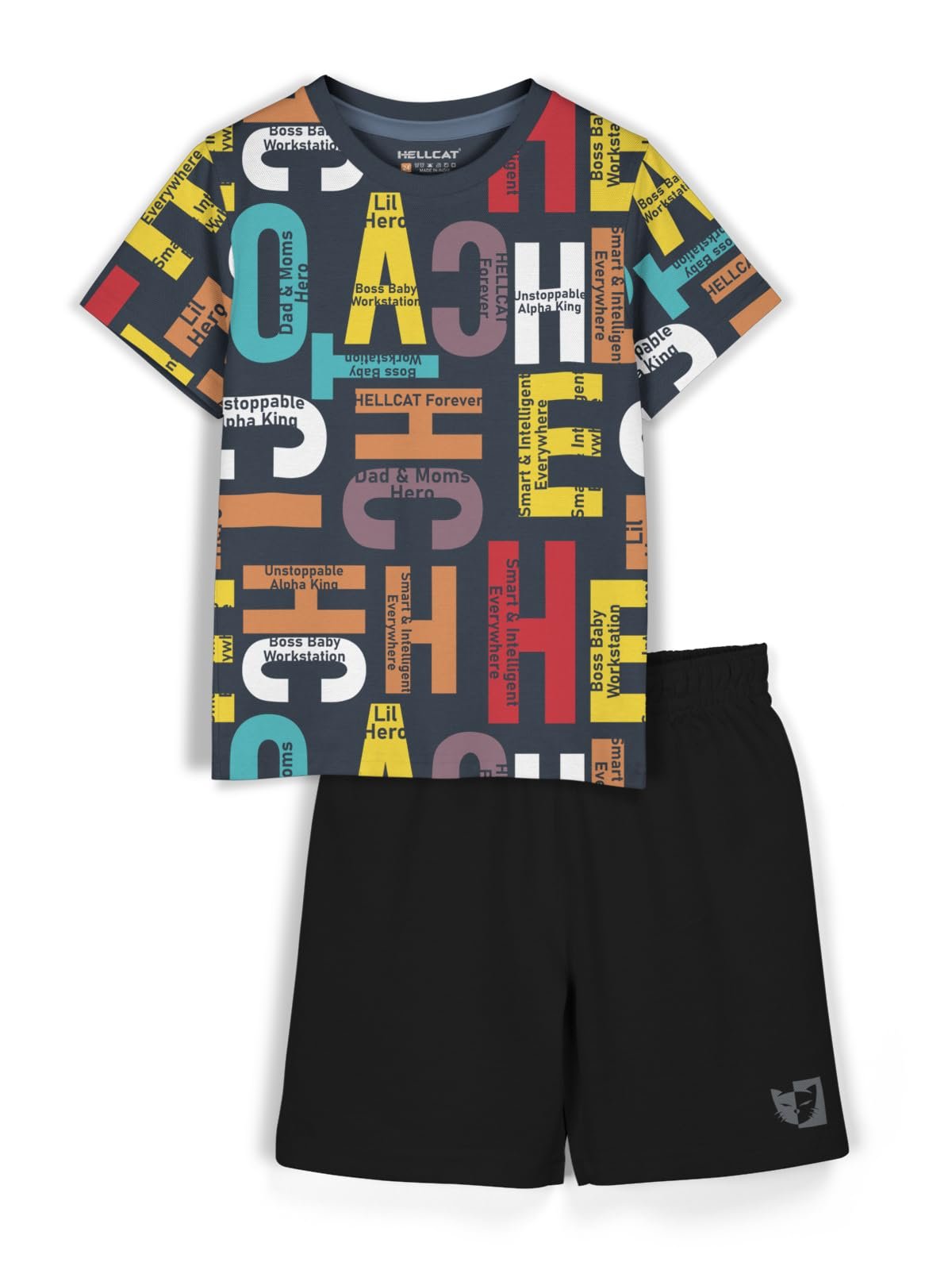 HELLCAT Cotton Blend Boys Dress Clothing Set Combo With Tshirts & Shorts - Pack 1 Black2 7-8 Years, Printed