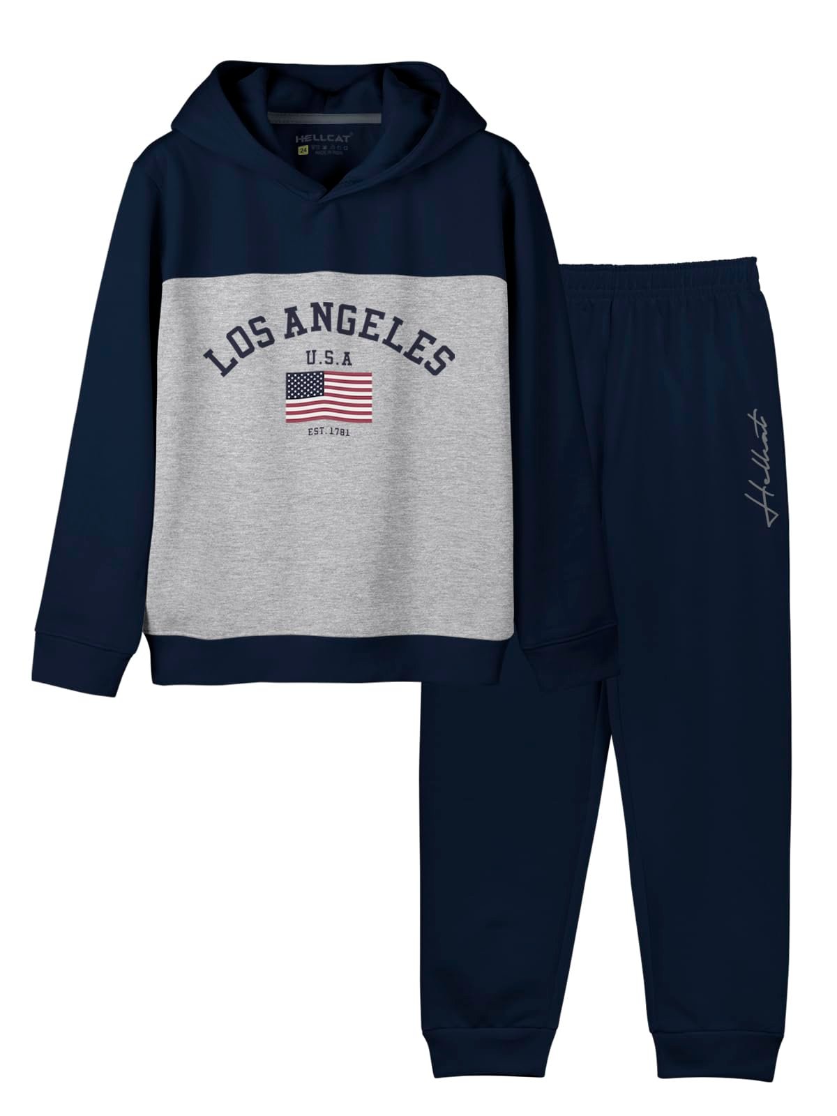 HELLCAT Trendy Printed Cotton Blend Hoodie T-shirt Jogger Trackpant Clothing Set for Boys - Pack of 1 / Navy Blue / 11-12 Years