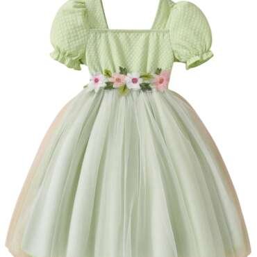 TAGAS Girls Frock Net Standard Length Dress (KD-397) Pista_3-4Y