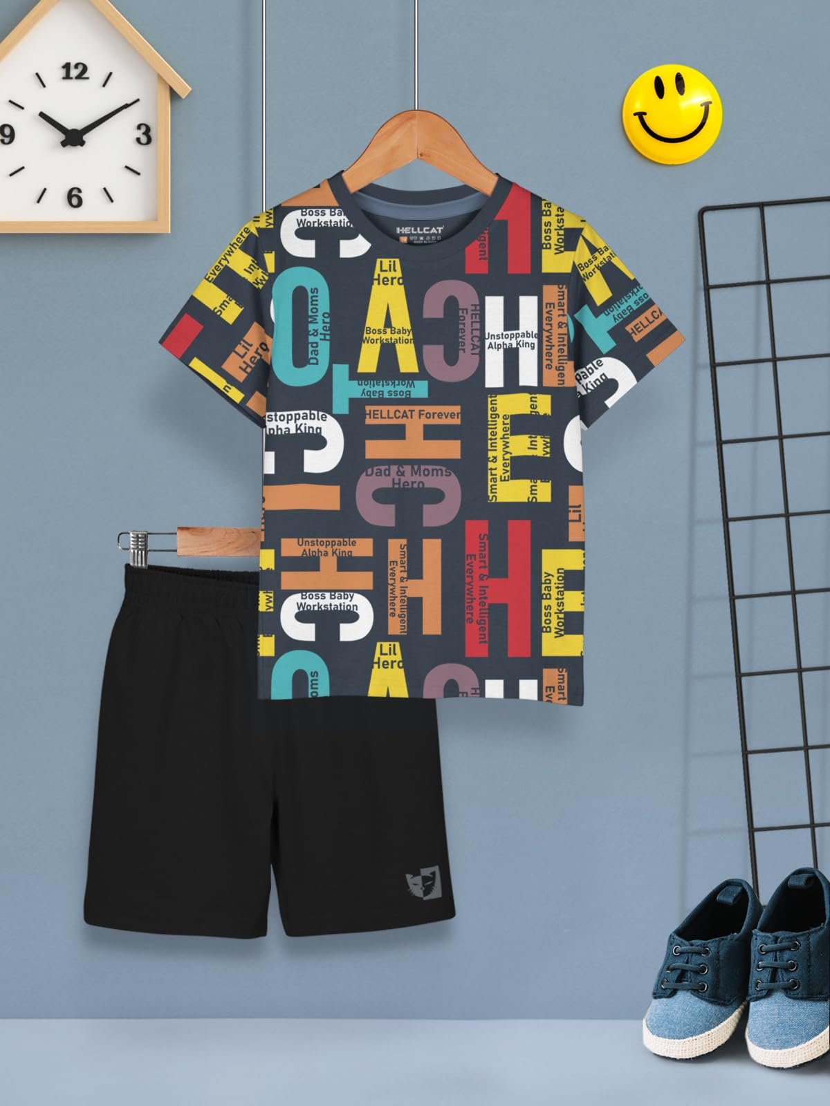 HELLCAT Cotton Blend Boys Dress Clothing Set Combo With Tshirts & Shorts - Pack 1 Black2 7-8 Years, Printed - Image 7