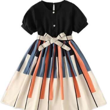 PAMBERSTON Girls Geometric Print Dress for Kids, Fit and Flare, Round Neck, Frock for Girls (Black, 7 Years)